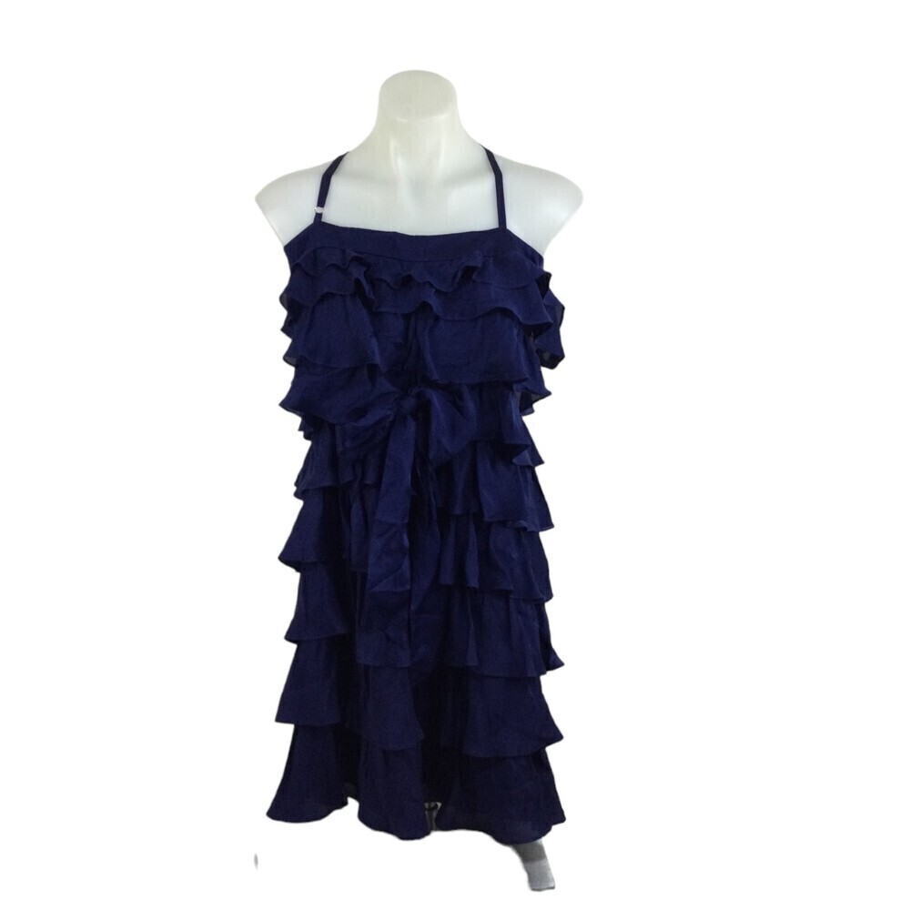 Anthropologie Va Et Vien Silk Spaghetti Cross Back Party Ruffle Dress Blue 14